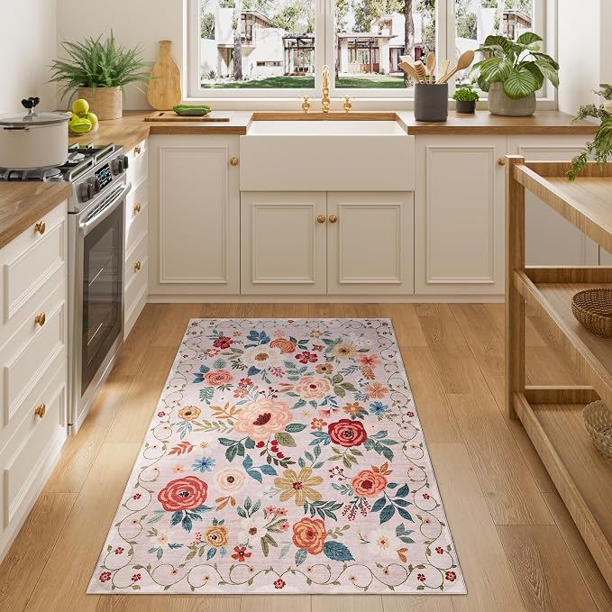 DUKINO 3x4 Area Rug, Floral Washable Rug for Kitchen Non Slip, Beige | Low Pile, Soft, Stain Resistant Indoor Rug for Entryway, Bedroom, Bathroom, Laundry, Pet Friendly, Home Decor, Lightweight