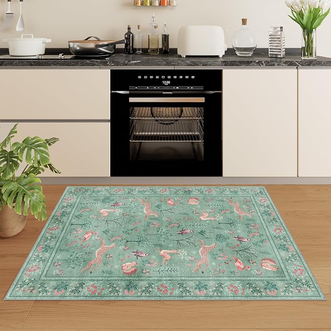 DUKINO 2x3 Entryway Rug, Washable Door Mat Animal Rug for Kitchen, Teal | Non Slip, Low Pile, Soft Indoor Small Rug for Entrance, Bedroom, Bathroom, Laundry, Pet Friendly, Lightweight, Non-Shedding
