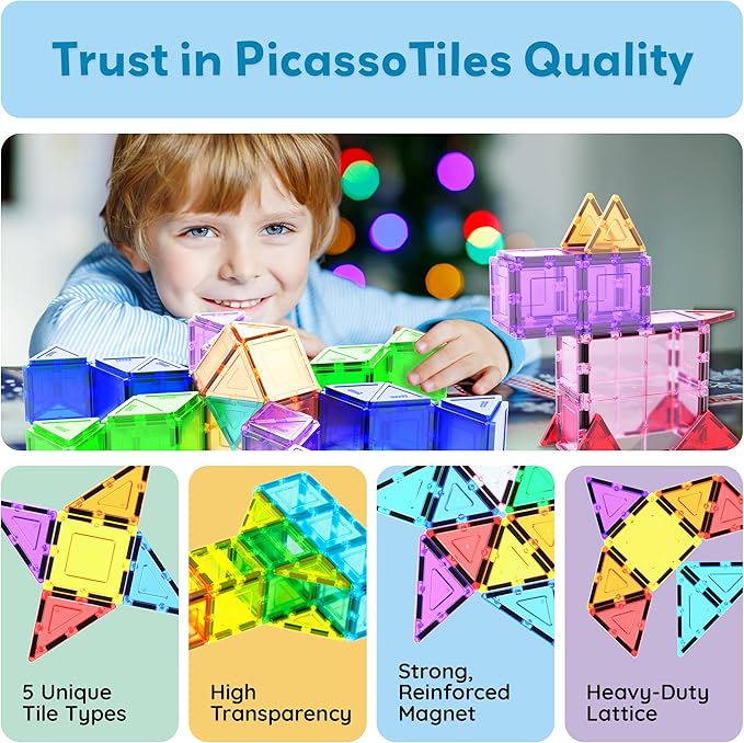 PicassoTiles Magnetic Tiles 101pcs Magnet Tile Building Blocks STEM Toy Set with Storage Case Educational Construction Kit for Kids Toddlers Boys Girls Age 3 Plus Travel Learning Carry Bin PB101