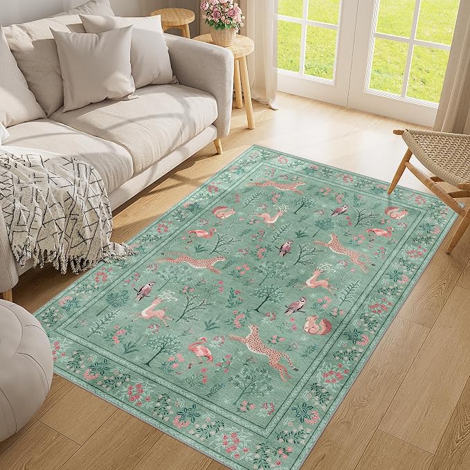 DUKINO 3x5 Rug, Washable Animal Area Rug for Bedroom Non Slip, Teal | Low Pile, Stain Resistant, Soft Indoor Carpet for Living Room, Kitchen, Dining Room, Nursery, Lightweight, Pet Friendly