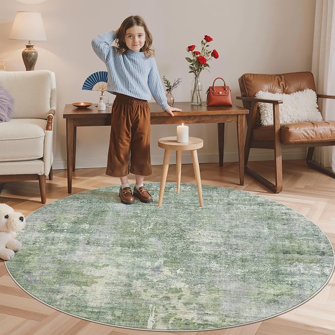 Soalmost Abstract 6x6 Round Rug 6ft Circle Living Room Rugs, Green/Ivory | Washable Vintage Indoor Carpet for Dining Bedroom, Low Pile Stain Resistant Foldable Floor Mat Entryway Home Office Decor