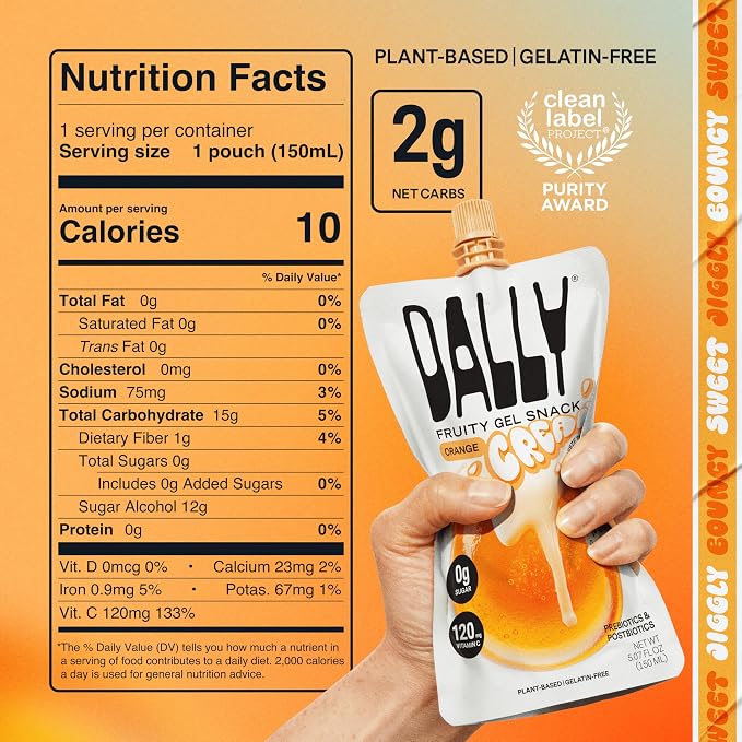 Dally Orange Cream Drinkable Konjac Jelly, 10 Pouches, Fruit Snack | Sugar free, keto and gluten free; prebiotics, postbiotics and vitamin C for skin and immune health