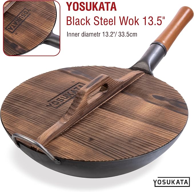 YOSUKATA Carbon Steel Wok Pan 13,5 “ + Premium Wok Cover 13.5 inch Pan Lid + Natural Wooden Long Cooking Chopsticks Set of 3 pairs