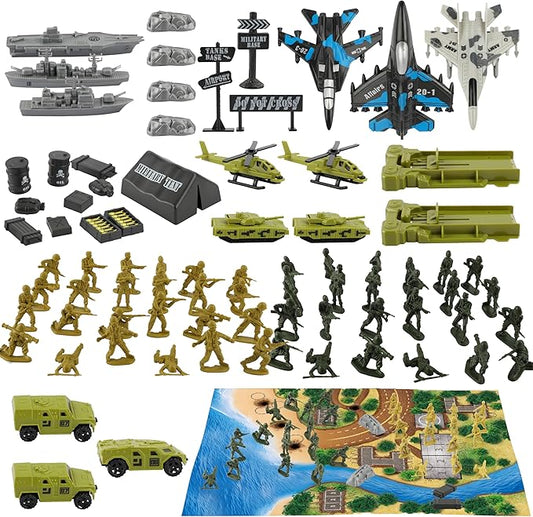 TOY Life Army Men Playset- Army Men Action Figures, Toy Soldiers for Boys, Plastic Green Army Men Playset with Vehicles/Tanks/Navy/Planes/Battle Mat Accessories- Kids Toys for Ages 4-12