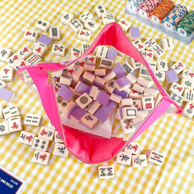Mahjong Bag – Empty Mahjong Tiles Bag with Zipper, Travel Carrying Bag for Mahjong Tiles & Accessories（Pink）
