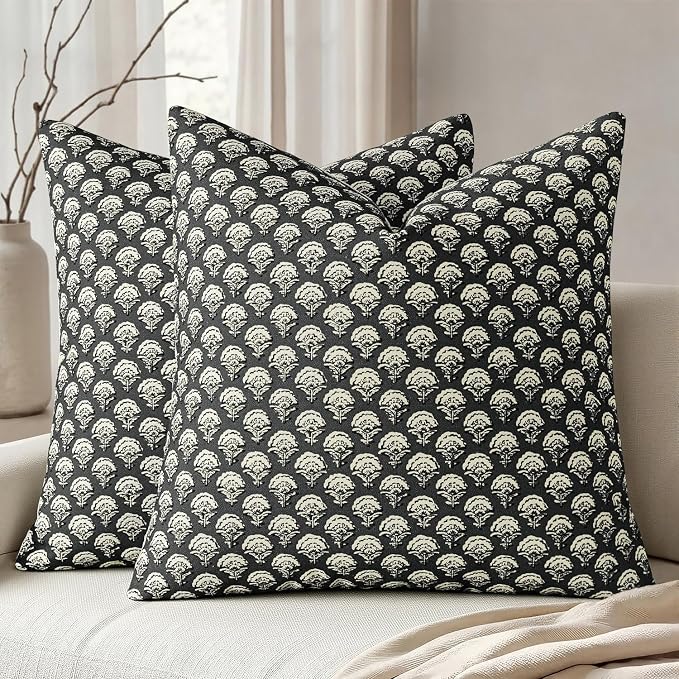 MIULEE Floral Print Decorative Pillow Covers Fall 20x20, Black | Vintage Boho Farmhouse Modern Home Decor, Set of 2, Block Print Cushion Covers for Couch Sofa Bed Living Room