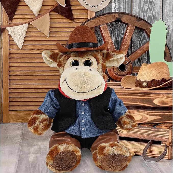 DolliBu Sitting Giraffe Stuffed Animal Cowboy Plush with Name Personalization - Western-Themed Giraffe Plush with Cute Cowboy Costume Denim Shirt Vest, Bandana, Leather Pants, and Hat - 9 Inches