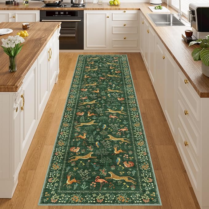 DUKINO 2x8 Washable Runner Rug, Non Slip Animal Kitchen Runner Rug, Green | Soft, Low Pile, Non-Shedding Indoor Carpet Runner for Hallway, Entryway, Bedroom, Bathroom, Pet Friendly, Stain Resistant