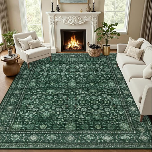 8x10 Area Rugs for Living Room: Washable Rug Soft Vintage Distressed Floral Carpet Indoor Non-Slip Stain Resistant Large Carpets for Bedroom Dining Room Farmhouse Nursery Home Office Deep Green