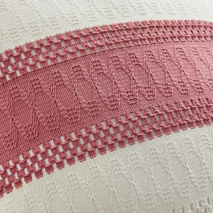 2pk Boho Pillow Covers 22x22, Natural White/Contrast/Dusty Pink | 100% Organic Cotton Body, Stripe Embroidery, Farmhouse Decorative Cushion Covers for Sofa Bed Living Room Home Decor