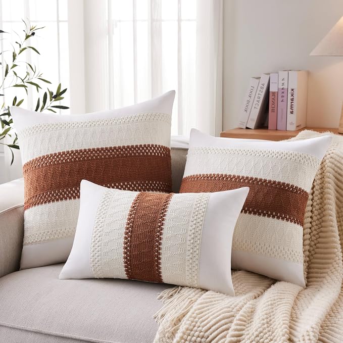 2pk Boho Pillow Covers 24x24, Natural White/Contrast/Terracota | 100% Organic Cotton Body, Stripe Embroidery, Farmhouse Decorative Cushion Covers for Sofa Bed Living Room Home Decor