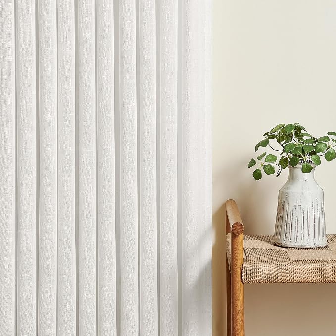 TWODRAPES Beige White Pinch Pleated Linen Curtains 63 Inch Length 2 Panels | for Dining Living Room Bedroom Window, Memory Shape Trained, 400GSM Fabric, Semi Sheer, Pinch Pleat with Hooks Rings 40x63
