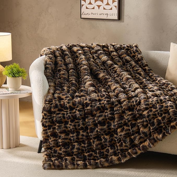 DOWNCOOL Faux Rabbit Fur Throw Blanket, Soft Fluffy Fuzzy Plush Bubble Blanket for Couch Sofa & Bed, Cozy Warm Luxury Fleece Minky Blanket, 60x80 Inches Leopard Print