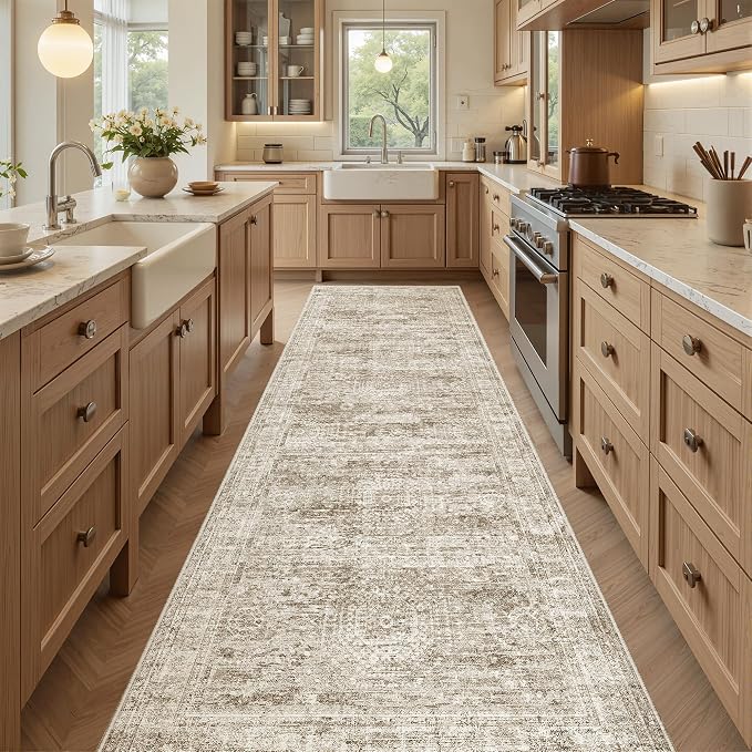 Soalmost Washable Runner Rug 2'6"x8' Kitchen Hallway Runners Brown | Soft Non-Slip 2.5x8ft Carpet for Entryway Bathroom, Low Pile Vintage Foldable Floor Mat for Corridor Laundry Room Bedroom