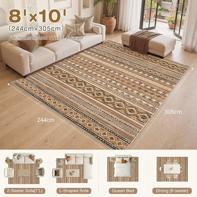cotiled 8x10 Area Rugs Living Room Rug: Washable Boho Rugs with Non Slip Backing Large Soft Indoor Stain Resistant Carpet for Bedroom Farmhouse Dining Room Lightweight Home Decor Brown/Beige