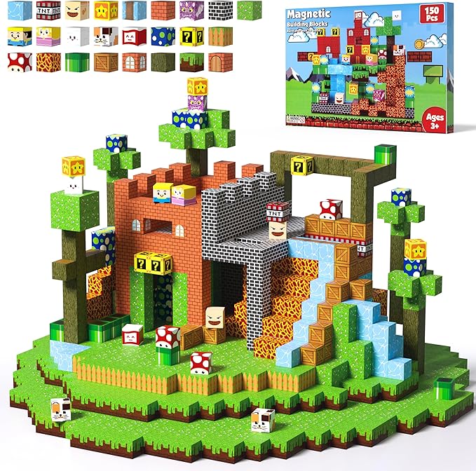 Magnetic Blocks - 150 PCS Magnets Game-Based Building Block for Ages 3,4,5,6,7,8,9,10,11 Kids Birthday Toy Sets Present, Stacking Cubes Construction Gift for Toddlers Boys & Girls, Castles and Dragon