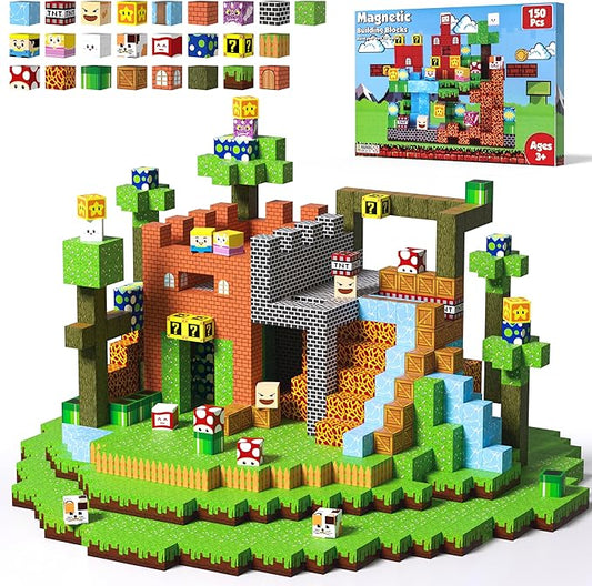 Magnetic Blocks - 150 PCS Magnets Game-Based Building Block for Ages 3,4,5,6,7,8,9,10,11 Kids Birthday Toy Sets Present, Stacking Cubes Construction Gift for Toddlers Boys & Girls, Castles and Dragon