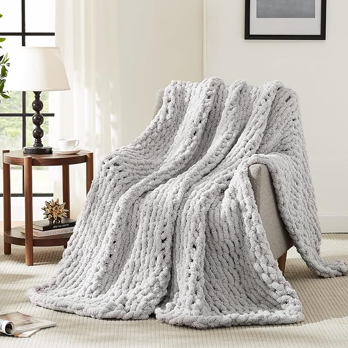 L'AGRATY Chunky Knit Throw Blanket for Couch, 60'' x 80'' Knit Throw, Grey | Handmade Chenille Crochet Blanket for Sofa Bed, Thick Cable Knitted Blankets for Room Home Decor, Birthday Gift for Women Mom