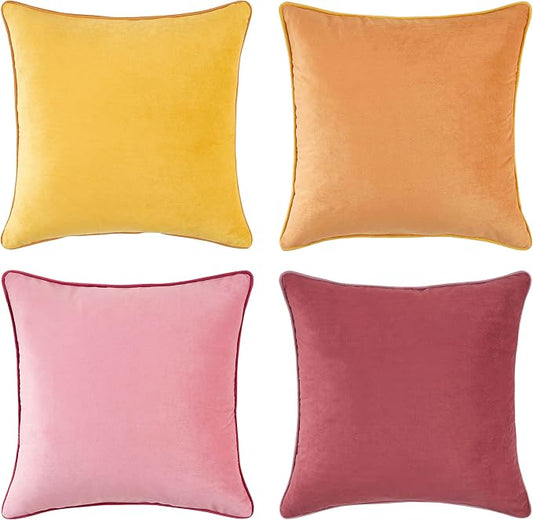 MONDAY MOOSE Decorative Throw Pillow Covers Cushion Cases, Set of 4 Soft Velvet Modern Double-Sided Designs, Mix and Match for Home Decor, Pillow Inserts Not Included (18x18 inch, Yellow/Pink)