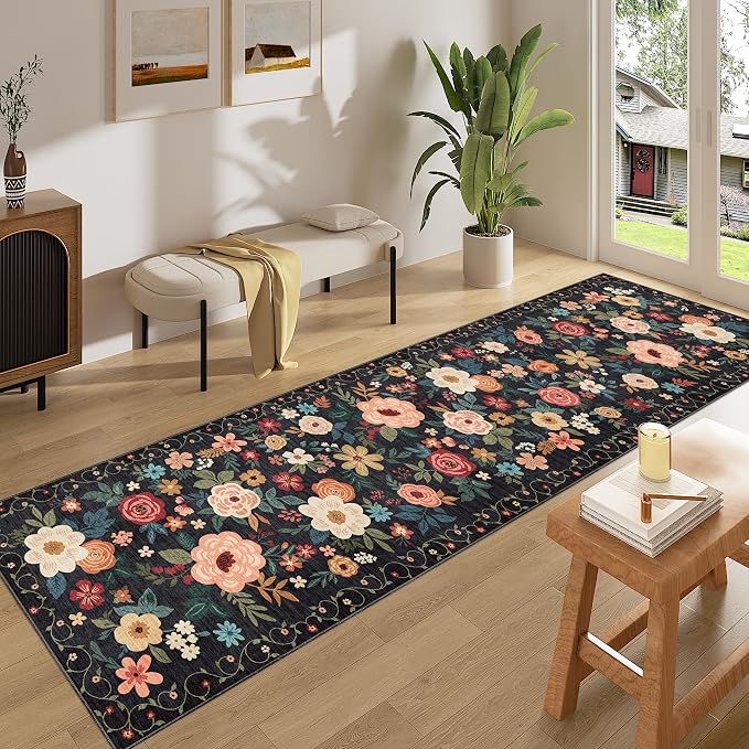 DUKINO 2x8 Runner Rug, Floral Washable Kitchen Runner Rug Non Slip, Black | Low Pile, Soft Indoor Rug for Hallway, Entryway, Bedroom, Bathroom, Pet Friendly, Stain Resistant, Modern Home Decor