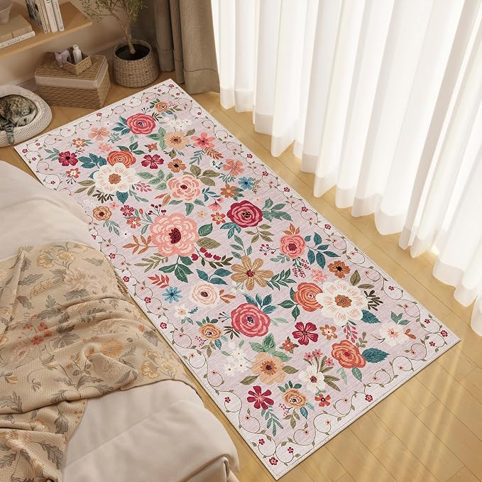 DUKINO 3x6 Runner Rug, Non Slip Floral Washable Rug for Kitchen, Beige | Low Pile, Non Shedding, Soft Thin Indoor Rug for Hallway, Bedroom, Bathroom, Entryway, Laundry, Pet Friendly, Home Decor