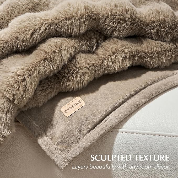 Faux Rabbit Fur Bubble Throw Blanket, 50"x60", Greige | Ultra Soft, Luxury Faux Rabbit Fur Throw, Thick Warm Bubble Blanket, Cozy Fluffy Reversible, for Bed, Couch, Chair, Sofa