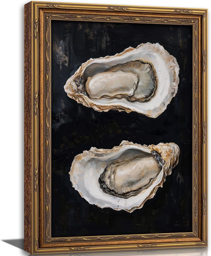 Vintage Gold Framed Oyster Wall Art Dark Moody Seafood Shell Shel Painting Canvas Print Black Background Seafood Still Life Picture Wall Decor Oyster Paintings Poster Artwor for Kitchen Dining
