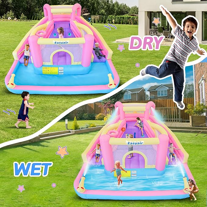 Inflatable Water Slide Bounce House for Kids, 12.1 FT x 10.3 FT Small Water Park Bouncy Castle, Double Slides, Jumper, Climbing Wall, Basketball Hoops, Included Blower