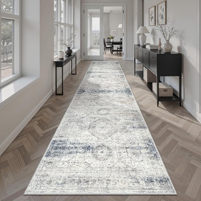 Soalmost Runner Rug 2x10 Washable Hallway Kitchen Runners Blue/Ivory | Non-Slip Vintage Rugs for Bathroom Laundry Room, Soft Low Pile Foldable Floor Carpet Mat for Entryway Corridor Bedroom