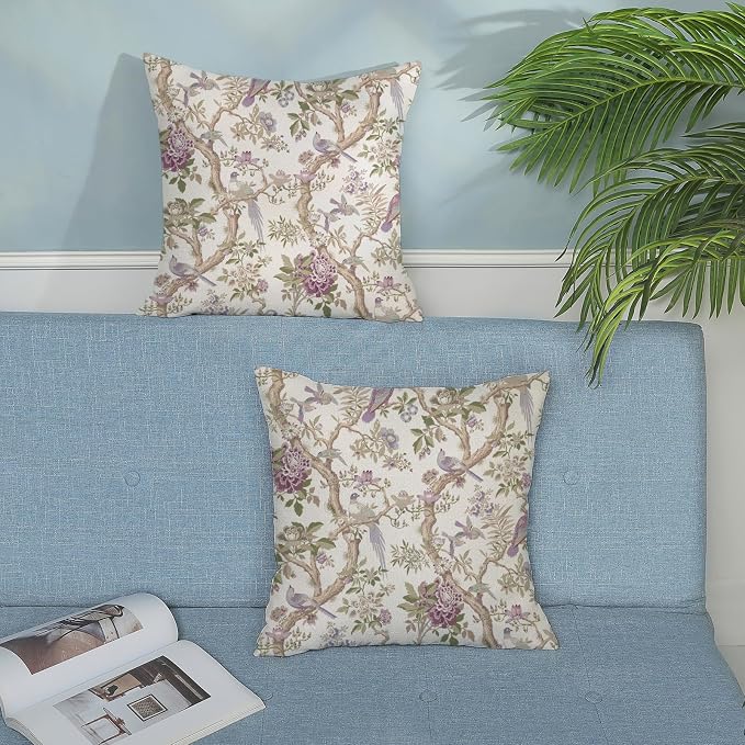 Chinoiserie Pillow Covers 22x22 Set of 2 Purple Green Floral Bird Throw Pillows Vintage Flowers Bird Decorative Pillow Cases Outdoor Chinoiserie Decor Farmhouse Cushion Case for Couch Sofa