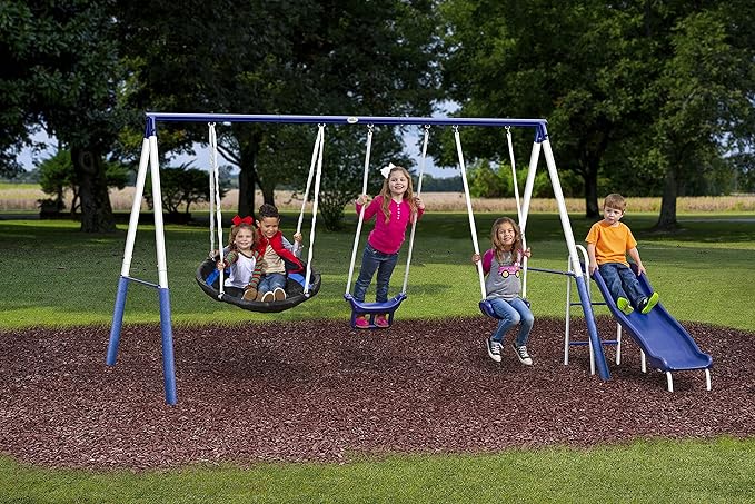 Swingin' More Fun - 5 User / 4 Station Swing Set with 5' Wave Slide, Outdoor for Kids. Easy Assembly Metal Frame Backyard Playground Set. 148" L x 93" Deep x 73" H, by XDP Recreation a USA Company