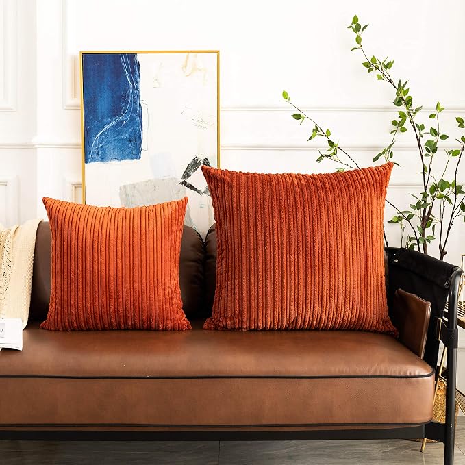 UGASA Fall Decor Super Soft Striped Corduroy Throw Pillow Covers Large Sham Cushion Cover Living Room, 2 Pcs, 22" x 22" (55cm), Burnt Brick