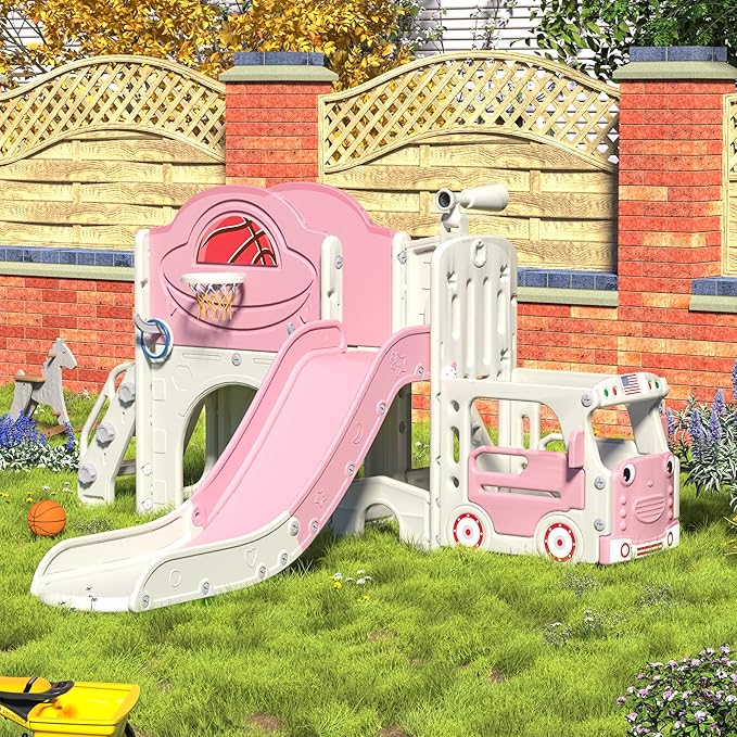 NYEEKOY 9 in 1 Toddler Slide, Bus-Themed Kids Slide and Climber Playset with Basketball Hoop, Ring-Toss, Car Playhouse, Toy Telescope, Freestanding Indoor and Outdoor Playground for Baby Age 3+