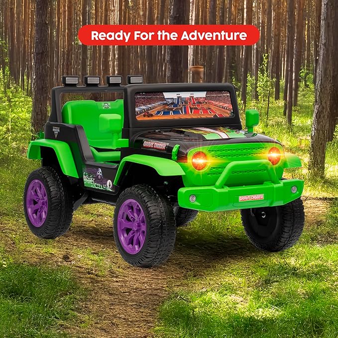 Monster Jam - 12V Kids Ride On Jeep with Rechargeable Battery, LED Headlights, Press-Button Start, Durable Wheels, Forward & Reverse Drive, Contoured Seat