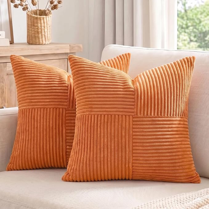 Fancy Homi 2 Packs Burnt Orange Decorative Throw Pillow Covers 18x18 Inch for Living Room Couch Bed Sofa, Farmhouse Boho Home Decor, Soft Corss Corduroy Patchwork Textured Accent Cushion Case 45x45 cm