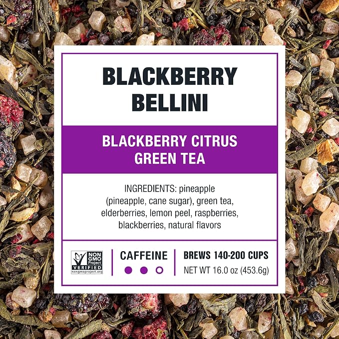 Tiesta Tea - Blackberry Bellini, Premium Loose Leaf Blend, Blackberry Citrus Green Tea, Medium Caffeinated, Refreshing Flavor, Hot or Iced, Up to 200 Cups, 16oz Resealable Bulk Pouch