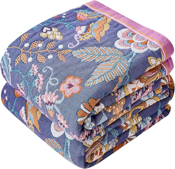Boho Throw Blanket Farmhouse Decor Throw Blanket Bohemian Blanket for Bed 100% Cotton Muslin Woven Couch Blanket All Seasons Quilt Bedroom (H-Purple, 60"x80")
