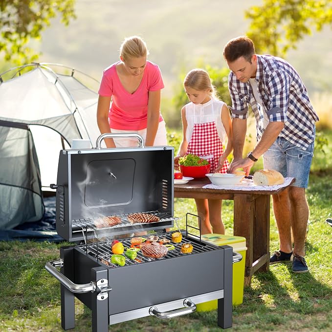 BBQCuker Portable Charcoal Grill with Warming Rack, Tabletop Charcoal Grill, Small BBQ Grill with Thermometer(100-800°F), Outdoor Charcoal Smoker for Camping, Picnic, Hiking, Beach and Travel