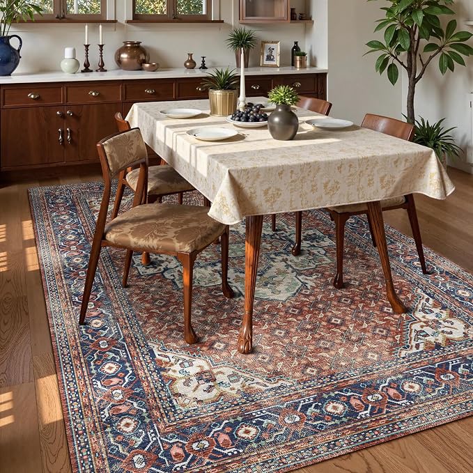 Washable Area Rug 4' x 6' Vintage Traditional Persian Mat - Foldable Distressed Non-Slip Machine Washable Carpet for Living Room Bedroom Kitchen Home Decor - Terracotta and Navy