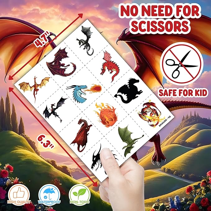72PCS Dragon Party Set – 48PCS Temporary Pre - cut Tattoos & 24PCS Slap Bracelets – Fun Fantasy - Themed Birthday Supplies, Baby Shower Gifts, Classroom Rewards & Party Decor for Kids (Boys & Girls)