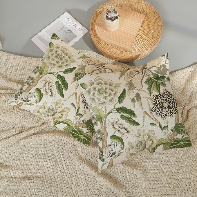 Green Pillow Covers 20x20 Inch Set of 2 Vintage Green Floral Throw Pillows Chinoiserie Flower Decorative Pillow Cases Outdoor Linen Farmhouse Cushion Covers for Couch Sofa Decorations
