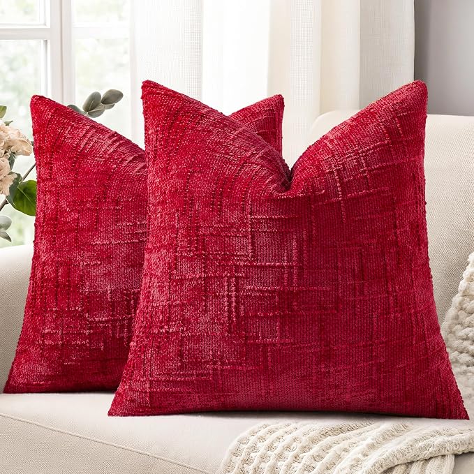 decorUhome Textured Chenille Throw Pillow Covers 16x16 Set of 2 Red | Fall Modern Farmhouse Soft Cozy Slubby Couch Pillow Cases Boho Decorative Pillow Cases for Bed Sofa Living Room Home Decor