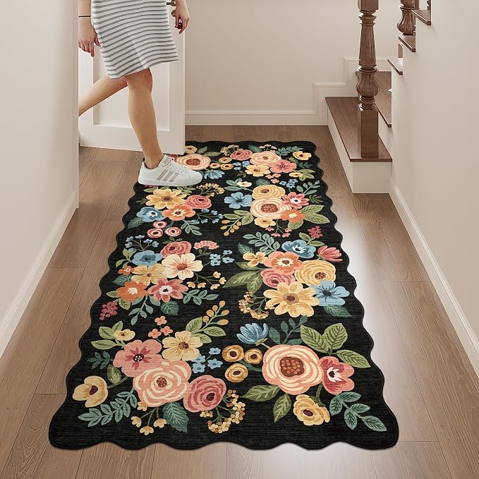 DUKINO 2x4 Rug for Entryway, Floral Washable Kitchen Rugs Non Slip, Black | Soft, Low Pile, Stain Resistant Throw Runner Rug for Hallway, Bedroom, Bathroom, Laundry, Pet Friendly, Modern Home Decor