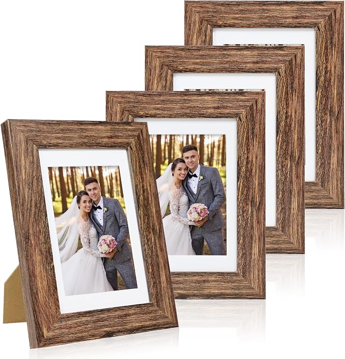 Hongkee 5x7 Picture Frame Set of 4, Made of Real Glass and Rustic Brown Wooden Frame, 5 by 7 Photo for Wall or Tabletop - Display Picture 4x6 with Mat or 5x7 Without Mat