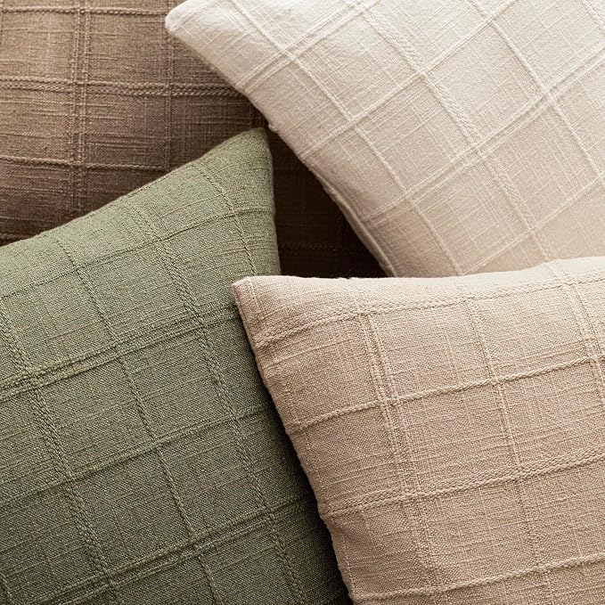 Foindtower Set of 2 Decorative Linen Check Throw Pillow Covers Neutral Farmhouse Vintage Cushion Covers Modern Boho Home Decor for Sofa Chair Couch Bedroom Living Room,16×16 Inch,Sage Green