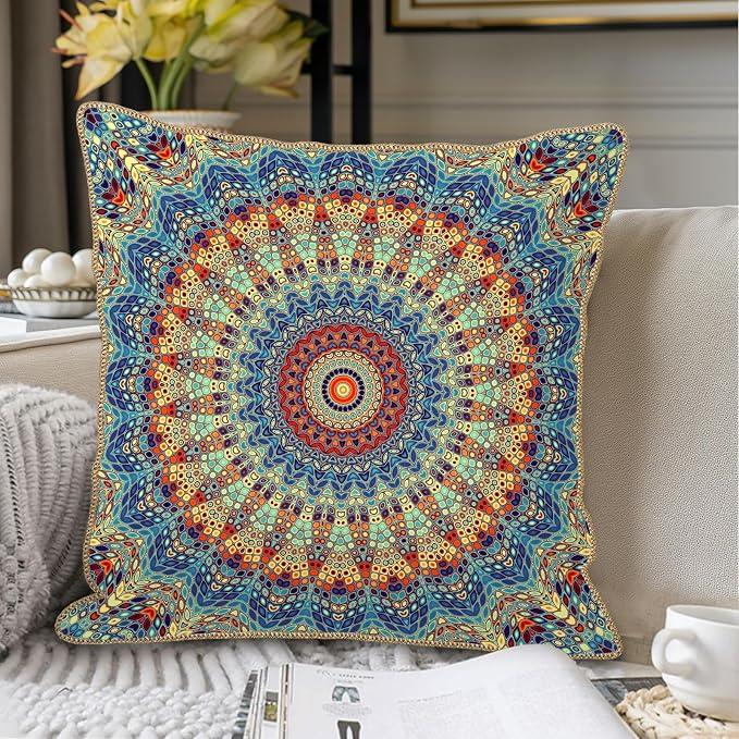 KSLIDS Boho Mandala Floral Soft Velvet Throw Pillow Covers Set of 2 Navy Blue Orange Flower Decorative Pillow Covers 18x18 Inch Abstract Retro Pillow Case for Sofa Couch Outdoor Modern Home Decor
