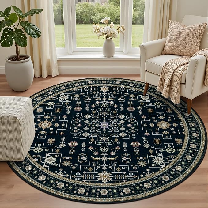 Round Area Rug for Living Room: 6ft Washable Vintage Boho Soft Thin Circle Rug Indoor Floor No Slip Stain Resistant Carpet for Bedroom Dining Room Farmhouse Nursery Home Office -Black