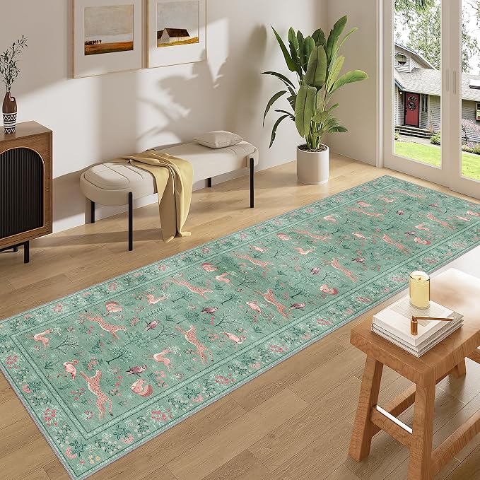 DUKINO 2x10 Kitchen Runner Rug, Soft Non Slip Animal Washable Rug, Teal | Low Pile, Non-Shedding Indoor Carpet Runner for Hallway, Entryway, Bedroom, Bathroom, Laundry, Pet Friendly, Stain Resistant
