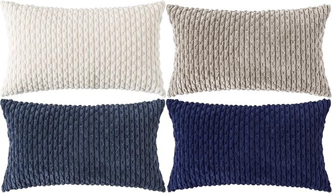 Set of 4 Navy White Taupe Decorative Throw Pillow Covers 12x20 Inch Corduroy Pillow Covers for Bed Couch Sofa Living Room Soft Cushion Cases