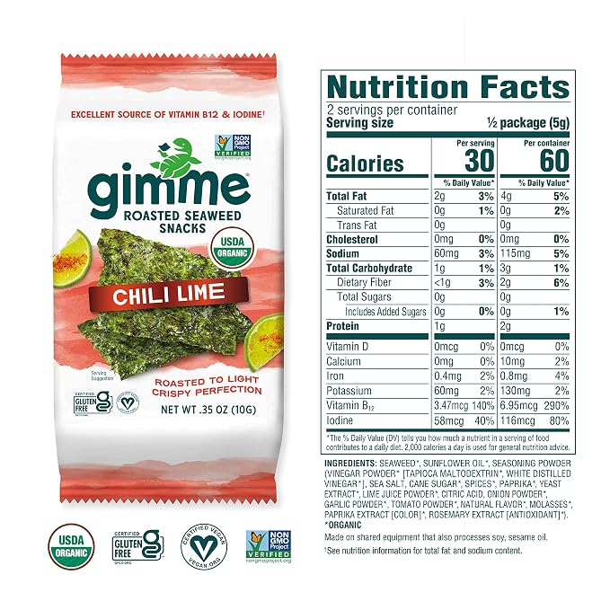 Gimme 12 CT Sharing Size Chili Lime Organic Seaweed Snacks, 10g, 0.35oz